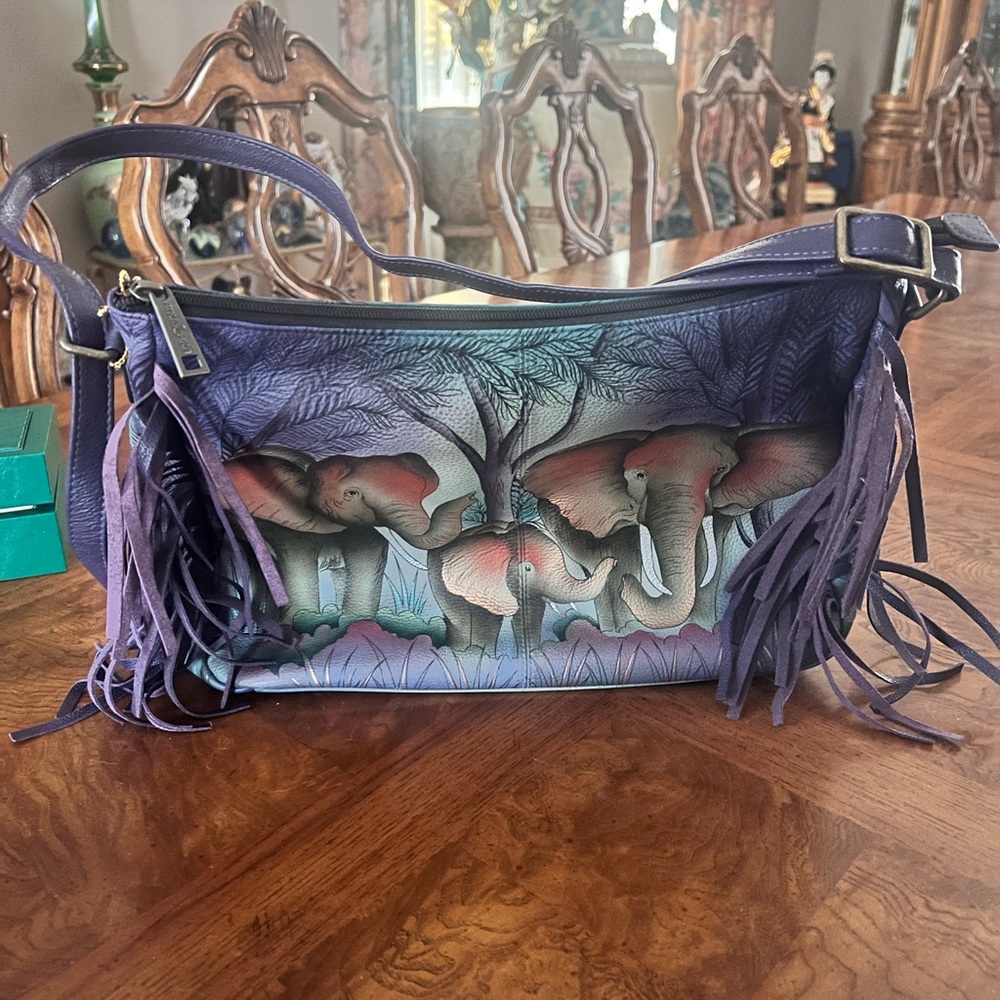 Anuschka Purple Elephant Design Shoulder Bag - Picture 2 of 9
